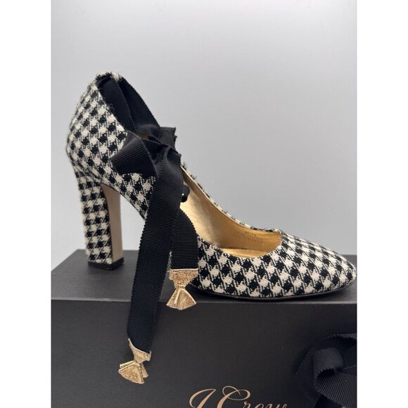 J. Crew Houndstooth Pumps Size 9 Made In Italy Ankle Wrap Bow Ribbon Heels Shoes - Picture 3 of 16